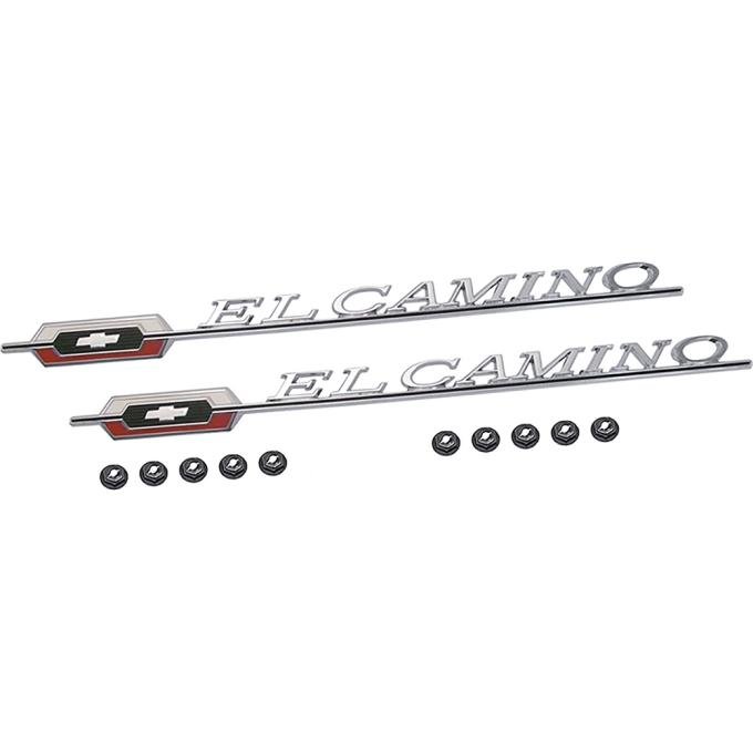 1966 El Camino Quarter Panel Emblems, LH and RH, Includes Emblems and Fasteners, Replaces GM#, die cast, chrome plated with white, red and black painted details as original