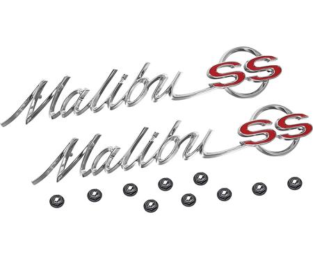 1965 Chevelle, Malibu, "Malibu SS" Quarter Panel Emblems, LH and RH, Includes Emblems and Fasteners
