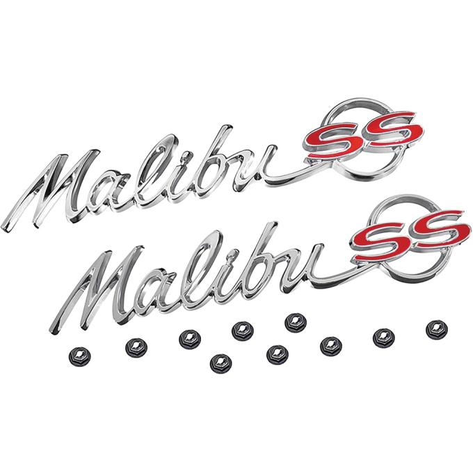 1964 Chevelle, Malibu, "Malibu SS" Quarter Panel Emblems, LH and RH, Includes Emblems and Fasteners