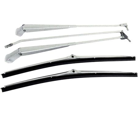 1968-72 Chevelle, El Camino, GTO, Tempest, LeMans, Skylark, GS, Cutlass, 442, F85, 1970-72 Monte Carlo, 1971-72 Sprint, Windshield Wiper Arm and Blade Set, Brushed Stainless Steel Finish, Vehicles Equipped With Depressed Park Wipers, LH and RH