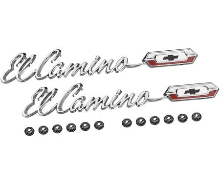1965 El Camino Quarter Panel Emblems, LH and RH, Includes Emblems and Fasteners, Replaces GM#, die cast, chrome plated with white, red and black painted details as original