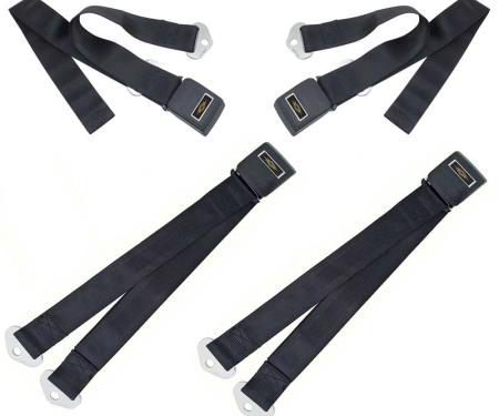 OER 1964-66 Nova, 1966 Impala, Caprice, Chevelle, Standard Front & Rear Seat Belt Set, Gold Decals, Black, 4 Piece Set *R190A