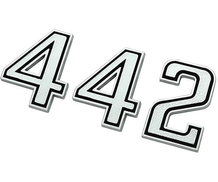 OER 1969-72 Oldsmobile Cutlass, 1969-71 442, Trunk Emblem Set, 442 Chrome & Black EM2473T