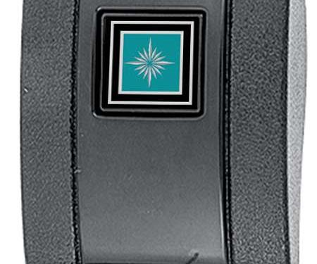 OER 1966-67 GM, Seat Belt Buckle Cover, Aqua/Silver Starburst Emblem, Standard Interior, Black, Each 154663AQ