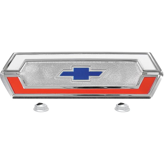 1969-70 El Camino, Upper Tailgate Emblem, Includes Emblem and Fasteners, Replaces GM#, die cast, chrome plated with white, red and blue painted details as original