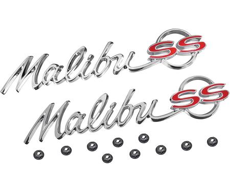 1964 Chevelle, Malibu, "Malibu SS" Quarter Panel Emblems, LH and RH, Includes Emblems and Fasteners