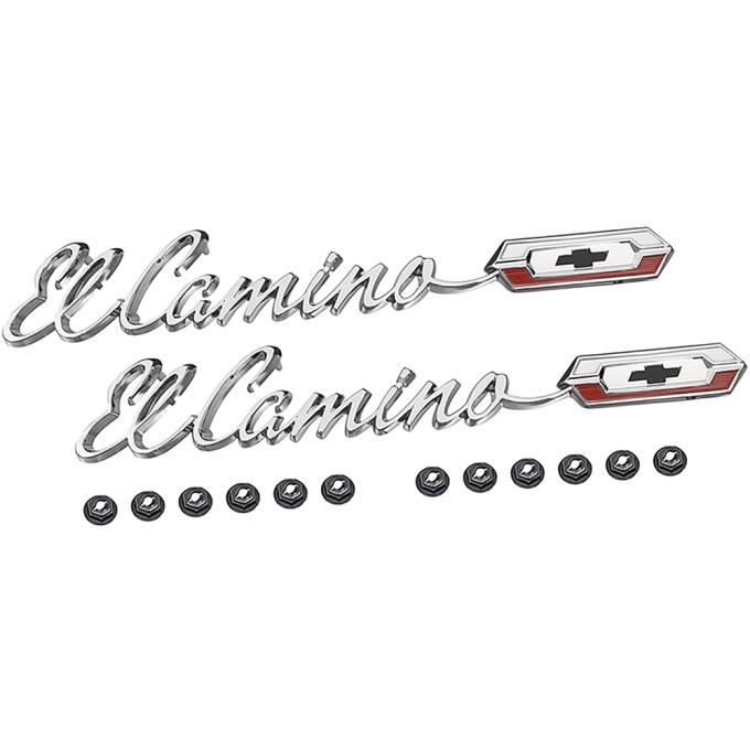 1965 El Camino Quarter Panel Emblems, LH and RH, Includes Emblems and Fasteners, Replaces GM#, die cast, chrome plated with white, red and black painted details as original