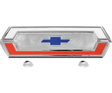 1969-70 El Camino, Upper Tailgate Emblem, Includes Emblem and Fasteners, Replaces GM#, die cast, chrome plated with white, red and blue painted details as original