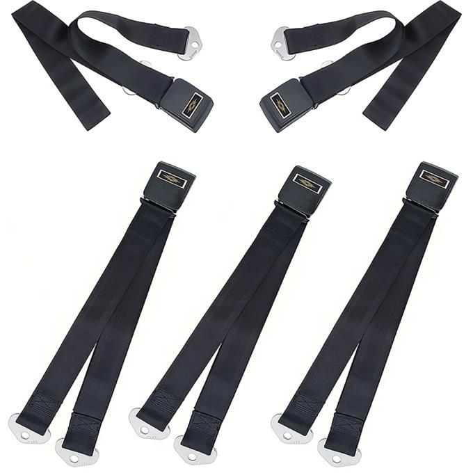 OER 1964-66 Nova, 1966 Impala Chevelle, Standard Seat Belt Set, Front & Rear, Gold Decals, Black, 5 Piece Set *R190