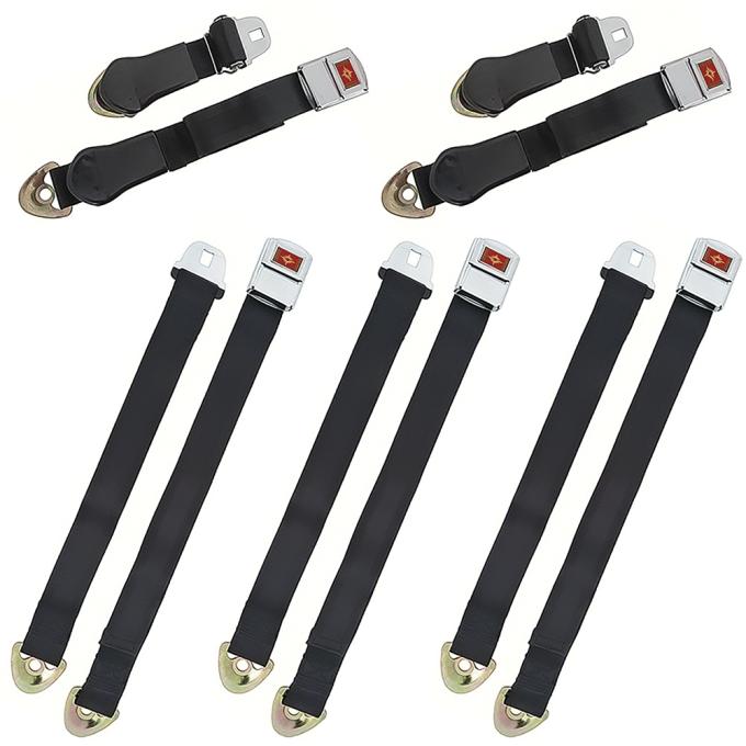 OER 1965-66 Impala, Caprice Nova, Chevelle, Deluxe Seat Belt Set, Gold Starburst, Black, 5-Piece Set *R191