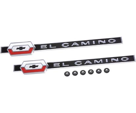 1964 El Camino Quarter Panel Emblems, LH and RH, Includes Emblems and Fasteners, Replaces GM#, die cast, chrome plated with white, red and black painted details as original