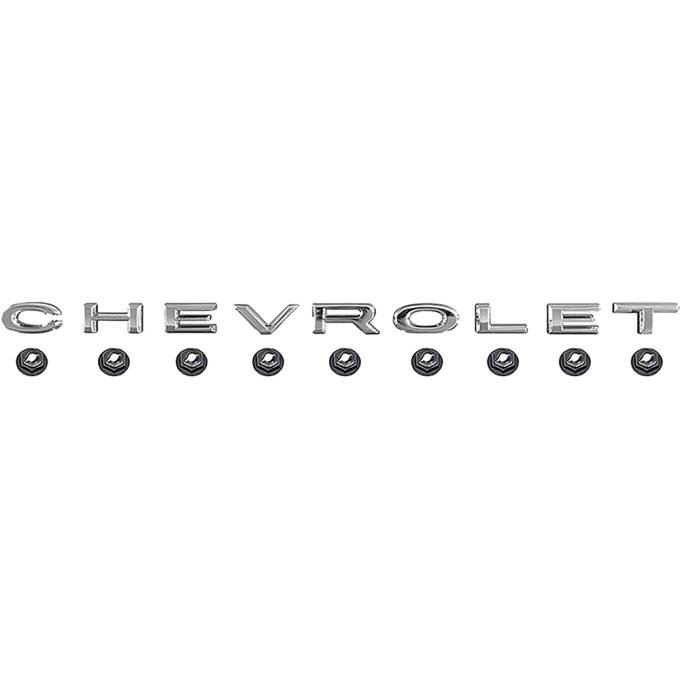 1964-65 Chevelle, Malibu Wagon, 1964-66 El Camino, "CHEVROLET" Trunk or Tailgate Letter Emblem Set, Includes Emblem and Fasteners