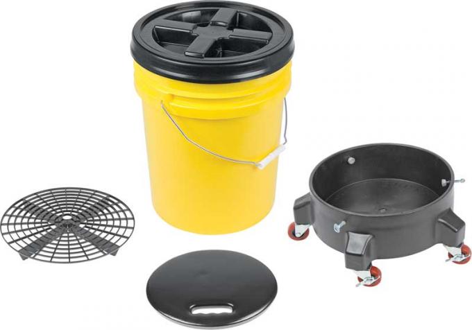 OER Grit Guard Deluxe Wash System 5 Gallon Yellow Pail with Black Lid - Dolly and Seat Cushion K89743