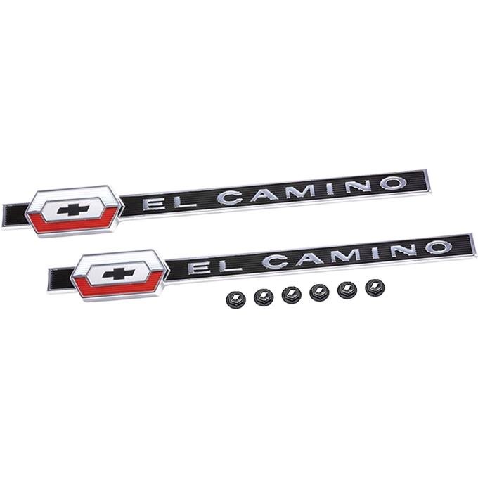 1964 El Camino Quarter Panel Emblems, LH and RH, Includes Emblems and Fasteners, Replaces GM#, die cast, chrome plated with white, red and black painted details as original